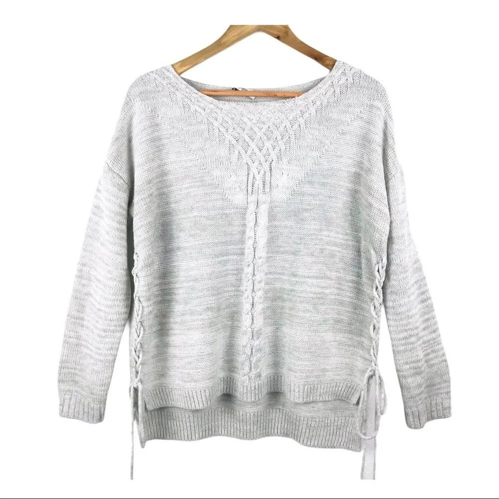 Freshman 1996 Womens Gray Cable Knit Lace Up Side Sweater Large L High Low Hem
